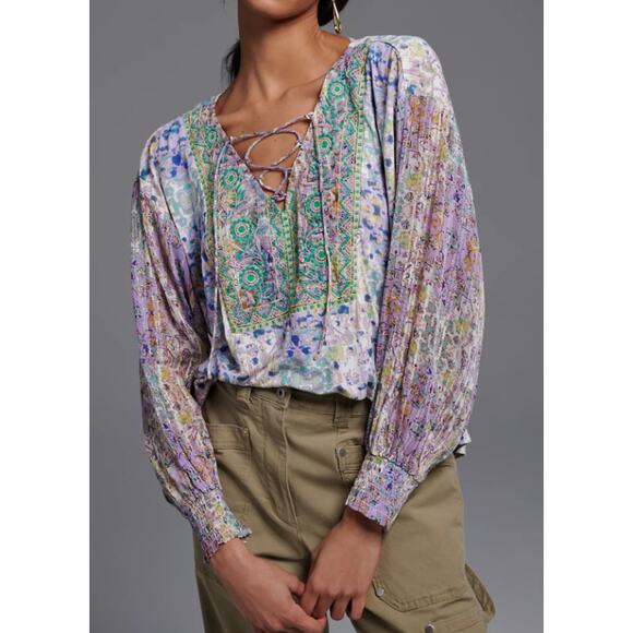 Anthropologie purple floral lace up blouse - Picture 1 of 9